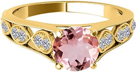 10k Solid Yellow Gold Gemstone And Diamond Ring With 1 Cttw (I-J, I1-I2) Round Shape Natural Morganite And Diamonds (size 5-9), Best Valentinesday Gift