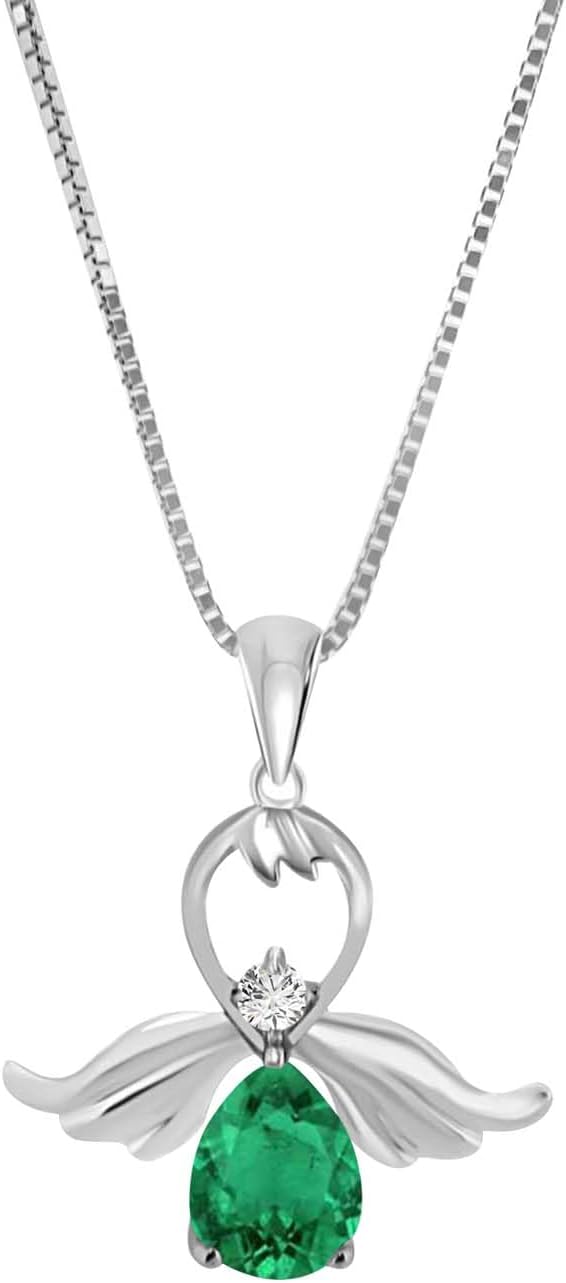 AoneJewelry 1.00 Carat Pear Shape Emerald & Diamond Gemstone Pendant With 18" Box Chain In 10K White Gold, Best Valentinesday Gift