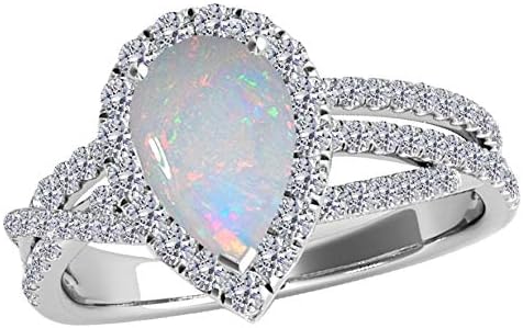 2.00 Carat Pear Shape Opal & Diamond Gemstone Ring In 10K White Solid Gold, Best Valentinesday Gift
