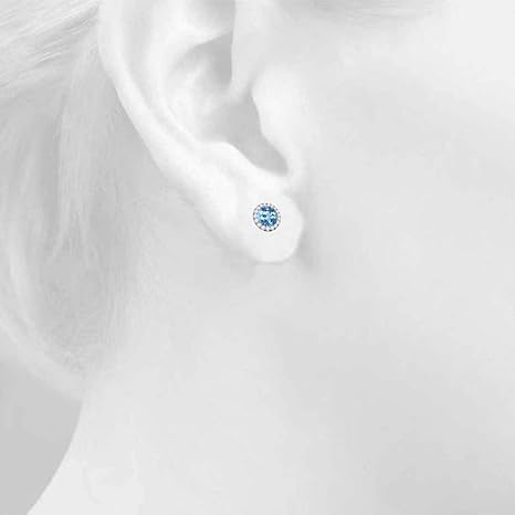 Gemstone Diamond Studs Earrings For Women 1.95 Carat 6MM Natural Round Blue-Topaz With Natural Round Diamond Studs Push Back Earrings For Ladies In 10K Solid Rose White Yellow Gold Best Jewelry Gift For Her By Aone Jewelry