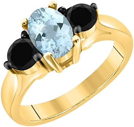 10K Solid Yellow Gold Ring With 1.50 Carat Oval Shape Aquamarine And Black Diamonds, Best Valentinesday Gift
