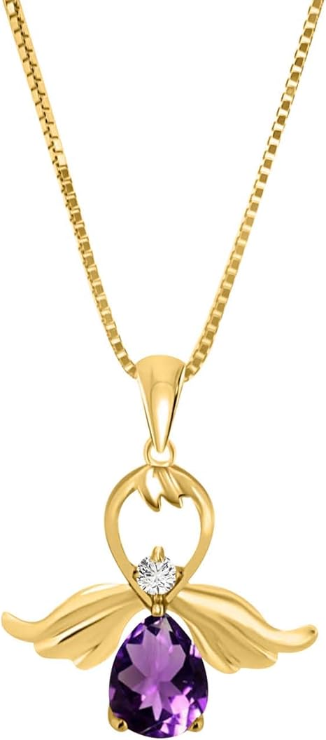 AoneJewelry 1.00 Carat Pear Shape Amethyst & Diamond Gemstone Pendant With 18" Box Chain In 10K Yellow Gold, Best Valentinesday Gift