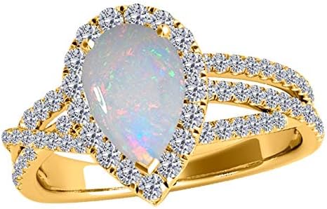 2.00 Carat Pear Shape Opal & Diamond Gemstone Ring In 10K Yellow Solid Gold, Best Valentinesday Gift