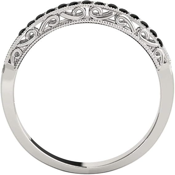 AoneJewelry 1/5 Carat Black Diamond Milgrained Wedding Band In Solid 10K White Gold, Best Valentinesday Gift