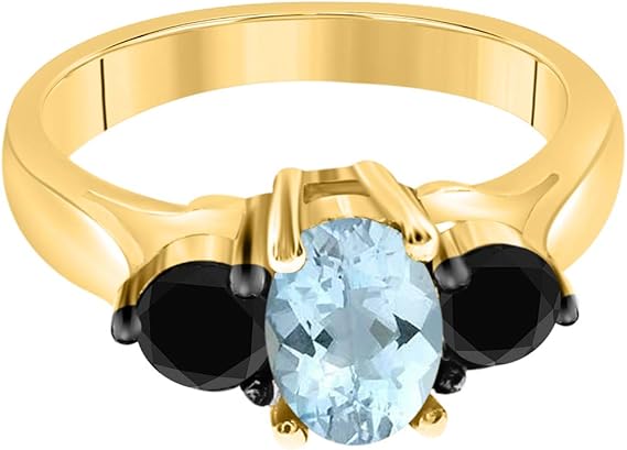 10K Solid Yellow Gold Ring With 1.50 Carat Oval Shape Aquamarine And Black Diamonds, Best Valentinesday Gift