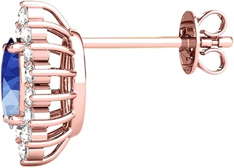Gemstone Diamond Studs Earrings For Women 1.0 Carat 6x3MM Lab Created Center Marquise Sapphire With Natural Round White Diamond Studs Push Back Earrings For Ladies In 10K Solid Rose White Yellow Gold Best Jewelry Gift For Her By Aone Jewelry