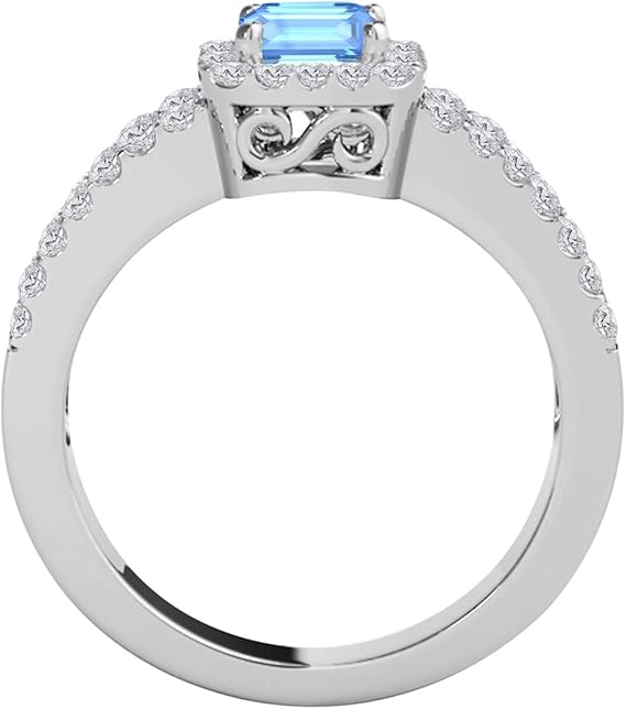 2 Carat Gemstone Emerald Cut Natural Blue Topaz And Diamonds 10K Solid White Gold Ring By Aone Jewelry, Best Valentinesday Gift