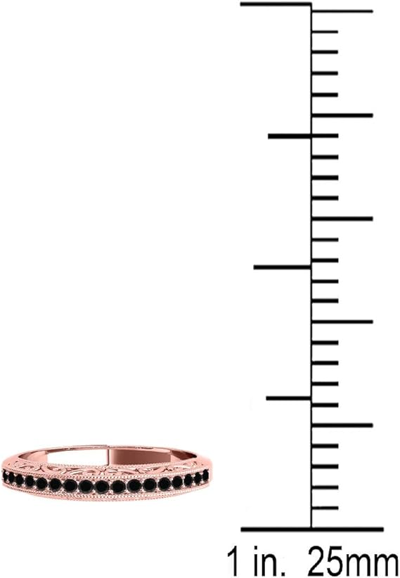 AoneJewelry 1/5 Carat Black Diamond Milgrained Wedding Band In Solid 10K Rose Gold, Best Valentinesday Gift