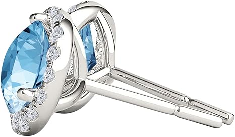 Gemstone Diamond Studs Earrings For Women 1.95 Carat 6MM Natural Round Blue-Topaz With Natural Round Diamond Studs Push Back Earrings For Ladies In 10K Solid Rose White Yellow Gold Best Jewelry Gift For Her By Aone Jewelry