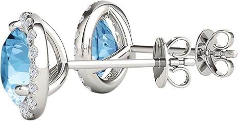 Gemstone Diamond Studs Earrings For Women 1.95 Carat 6MM Natural Round Blue-Topaz With Natural Round Diamond Studs Push Back Earrings For Ladies In 10K Solid Rose White Yellow Gold Best Jewelry Gift For Her By Aone Jewelry