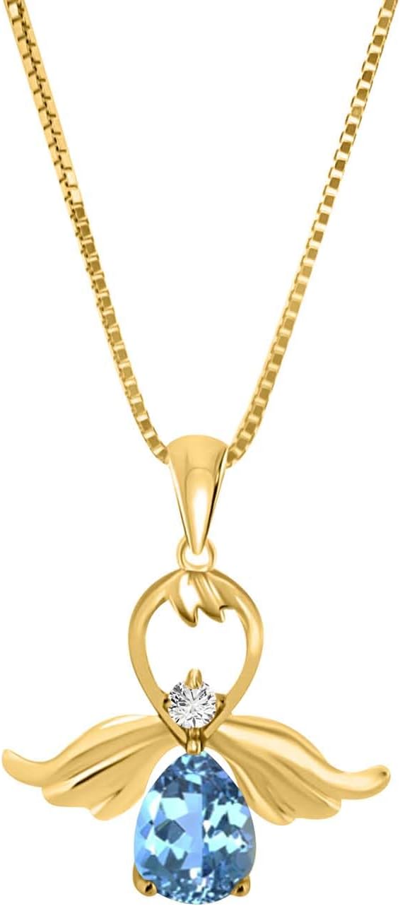 AoneJewelry 1.00 Carat Pear Shape Blue-topaz & Diamond Gemstone Pendant With 18" Box Chain In 10K Yellow Gold, Best Valentinesday Gift