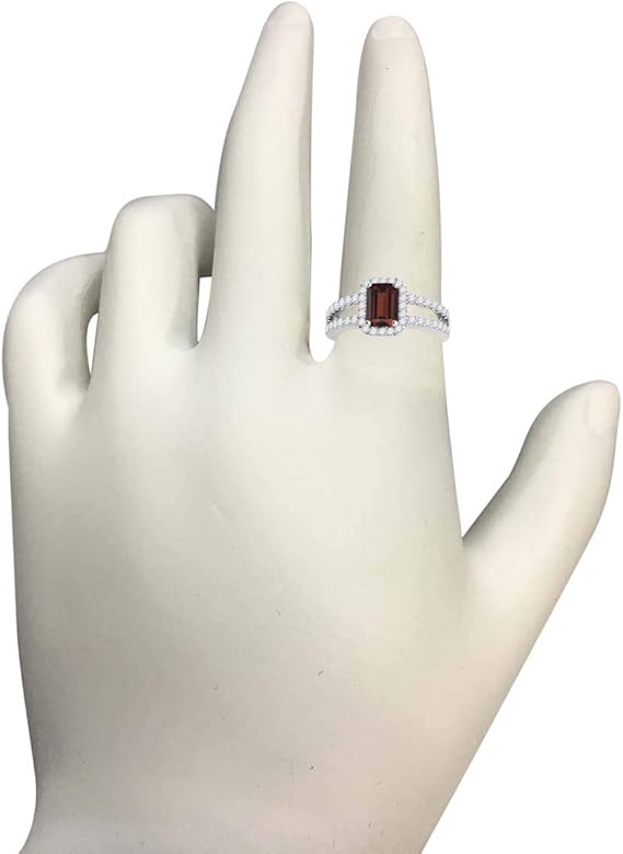 10K Solid White Gold Split Shank Diamond Ring With 2 Cttw Emerald Cut Natural Garnet And Diamonds (I-J, I1-I2), Best Valentinesday Gift