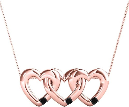 0.10 Carat Natural Black Diamond With Three Beautiful Heart Combination Heart Shape Pendant Crafted In Rose White And Yellow Gold With 18" Box Chain Gold Plated Over 925 Sterling Silver For Women