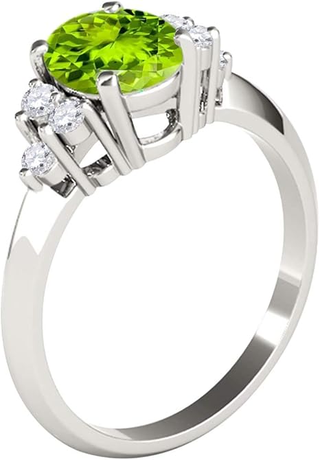 1.55 Carat 10K White Gold Peridot & White Diamond Gemstone/Seven Stone Ring, Best Valentinesday Gift
