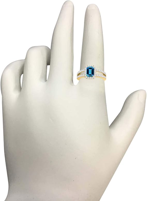 Gemstone 2 Carat Emerald Cut Natural Blue Topaz And Diamond Prong Set Ring in 10k Yellow Gold, Best Valentinesday Gift