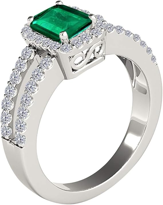 10K Solid White Gold Natural Diamond Ring with 2 Carat (I-J, I1-I2) Emerald Cut Emerald, Best Valentinesday Gift