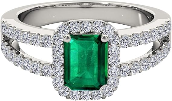 10K Solid White Gold Natural Diamond Ring with 2 Carat (I-J, I1-I2) Emerald Cut Emerald, Best Valentinesday Gift