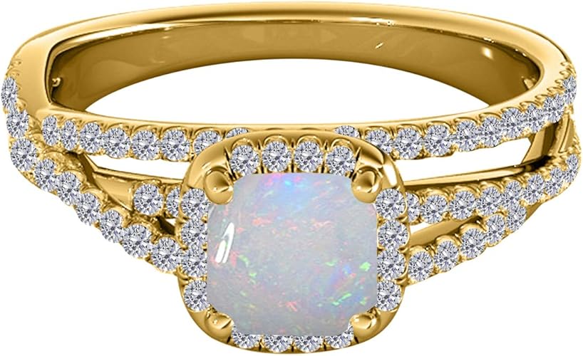1.35 Carat Cushion Shape Opal & White Diamond Split Shank Ring In 14K Solid Yellow Gold, Best Valentinesday Gift