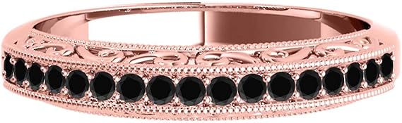 AoneJewelry 1/5 Carat Black Diamond Milgrained Wedding Band In Solid 10K Rose Gold, Best Valentinesday Gift
