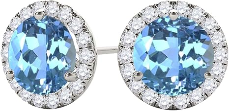 Gemstone Diamond Studs Earrings For Women 1.95 Carat 6MM Natural Round Blue-Topaz With Natural Round Diamond Studs Push Back Earrings For Ladies In 10K Solid Rose White Yellow Gold Best Jewelry Gift For Her By Aone Jewelry