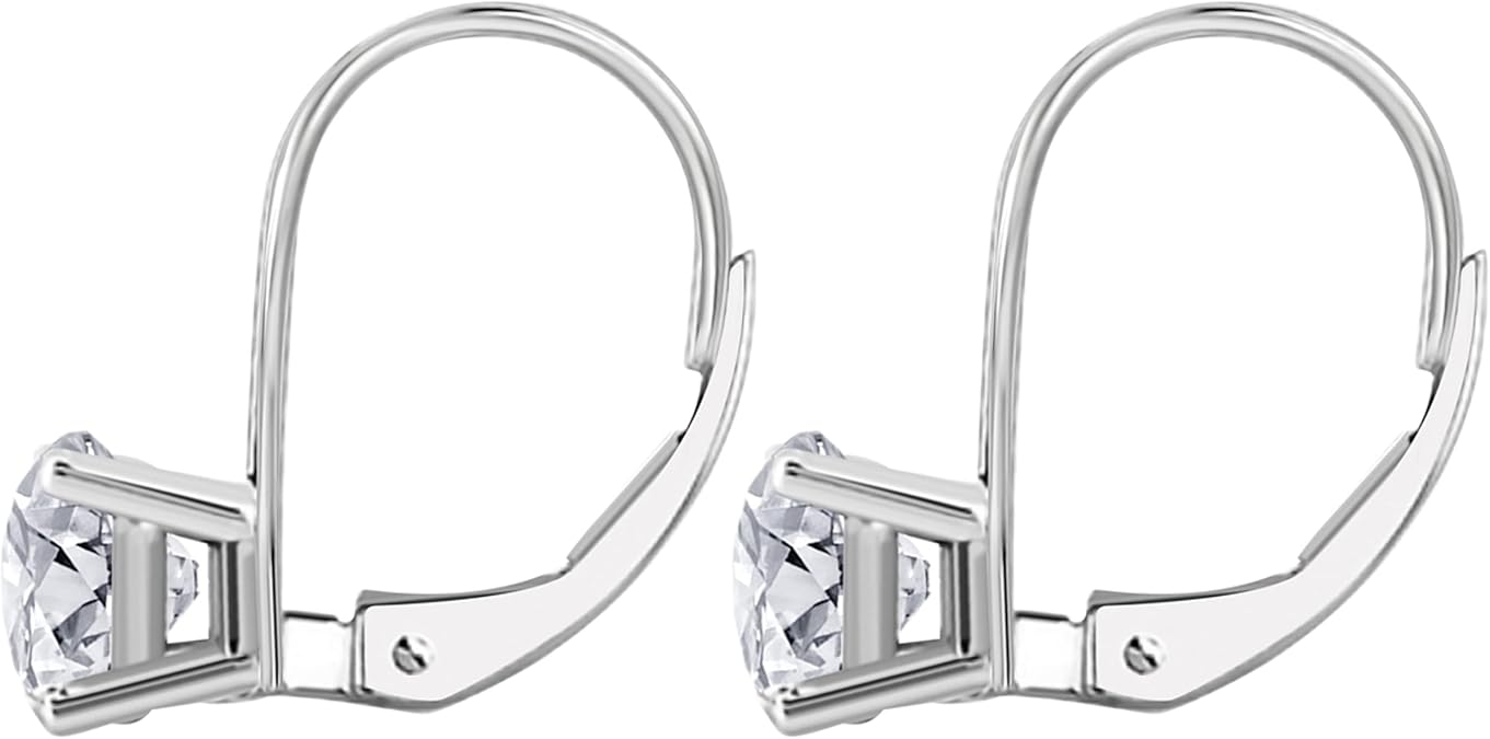 White Diamond Leverback Earring for Women| 14K White Gold 0.40 Carat 2 Stone Round Cut Prong Setting