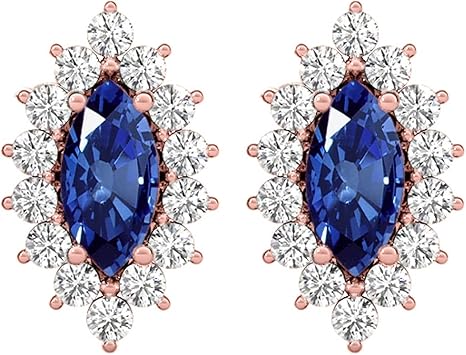 Gemstone Diamond Studs Earrings For Women 1.0 Carat 6x3MM Lab Created Center Marquise Sapphire With Natural Round White Diamond Studs Push Back Earrings For Ladies In 10K Solid Rose White Yellow Gold Best Jewelry Gift For Her By Aone Jewelry
