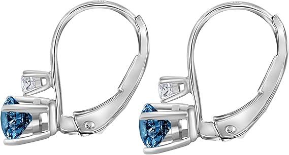 Blue & White Diamond Leverback Earring for Women| 14K Rose,White & Yellow Gold 0.75 Carat 4 Stone Round Cut Prong Setting Genuine Diamond Wedding Jewelry Collection