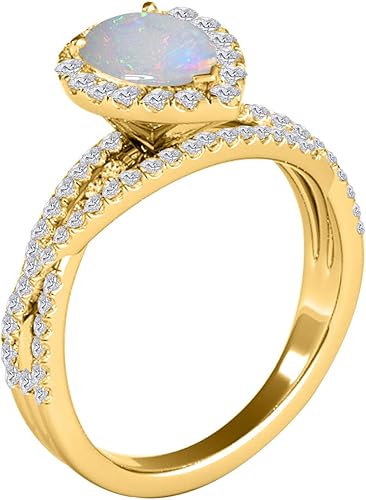 2.00 Carat Pear Shape Opal & Diamond Gemstone Ring In 10K Yellow Solid Gold, Best Valentinesday Gift