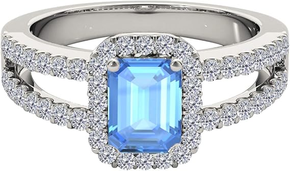 2 Carat Gemstone Emerald Cut Natural Blue Topaz And Diamonds 10K Solid White Gold Ring By Aone Jewelry, Best Valentinesday Gift