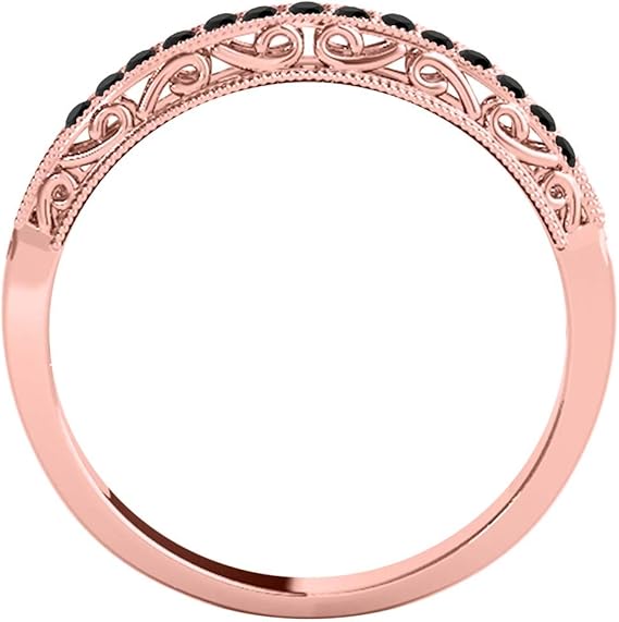 AoneJewelry 1/5 Carat Black Diamond Milgrained Wedding Band In Solid 10K Rose Gold, Best Valentinesday Gift