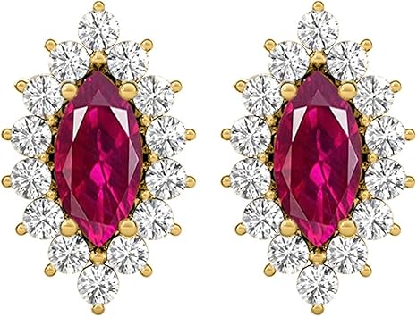Gemstone Diamond Studs Earrings For Women 1.0 Carat 6x3MM Lab Created Center Marquise Ruby With Natural Round White Diamond Studs Push Back Earrings For Ladies In 10K Solid Rose White Yellow Gold Best Jewelry Gift For Her By Aone Jewelry