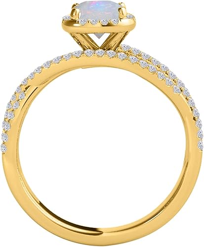 1.35 Carat Cushion Shape Opal & White Diamond Split Shank Ring In 14K Solid Yellow Gold, Best Valentinesday Gift
