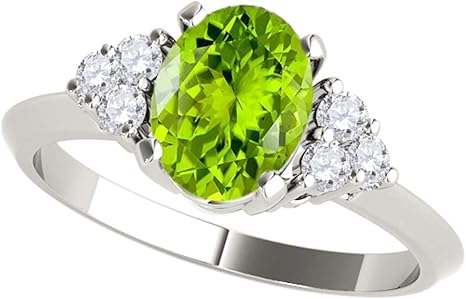 1.55 Carat 10K White Gold Peridot & White Diamond Gemstone/Seven Stone Ring, Best Valentinesday Gift