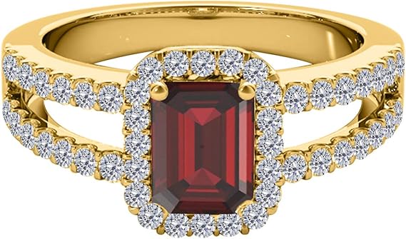 2 Carat Gemstone Prong Set Ring in 10k Gold (Rose, White, Yellow) With Emerald Cut Garnet And Diamonds, Best Valentinesday Gift
