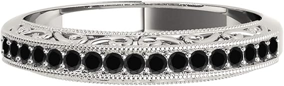 AoneJewelry 1/5 Carat Black Diamond Milgrained Wedding Band In Solid 10K White Gold, Best Valentinesday Gift