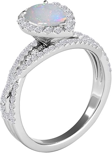 2.00 Carat Pear Shape Opal & Diamond Gemstone Ring In 10K White Solid Gold, Best Valentinesday Gift