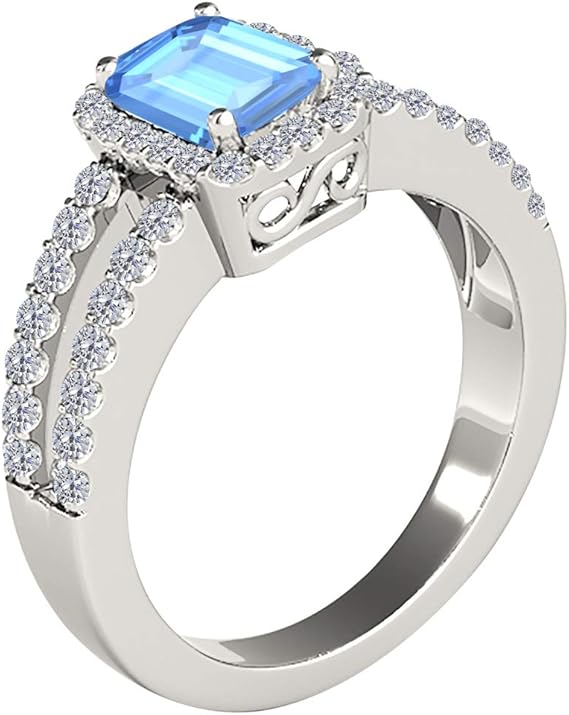 2 Carat Gemstone Emerald Cut Natural Blue Topaz And Diamonds 10K Solid White Gold Ring By Aone Jewelry, Best Valentinesday Gift