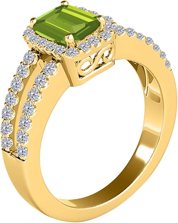 10k Yellow Gold Gemstone And Diamond Prong Set Ring With 2 Carat Emerald Cut Peridot And Diamonds, Best Valentinesday Gift