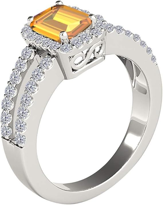 10K Solid White Gold Ring 2 Carat (I-J, I1-I2) Emerald Cut Natural Citrine And Diamonds, Best Valentinesday Gift