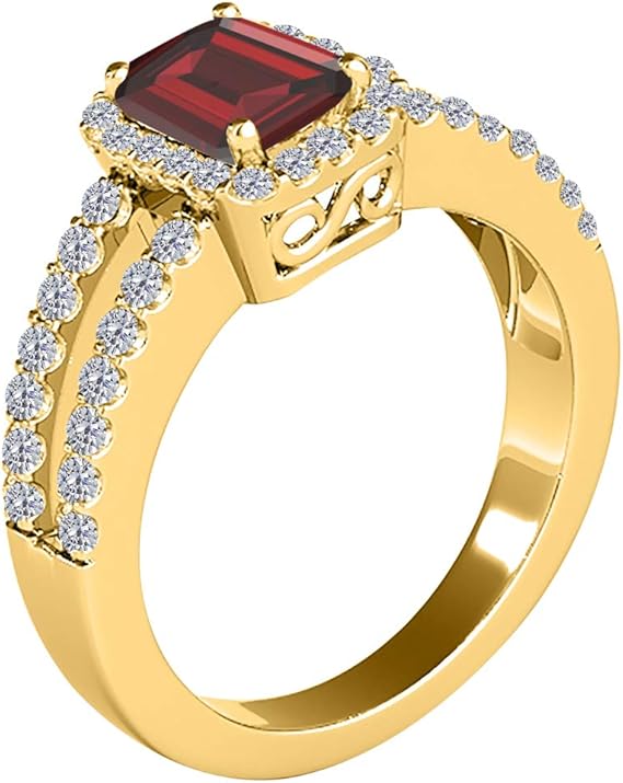 2 Carat Gemstone Prong Set Ring in 10k Gold (Rose, White, Yellow) With Emerald Cut Garnet And Diamonds, Best Valentinesday Gift
