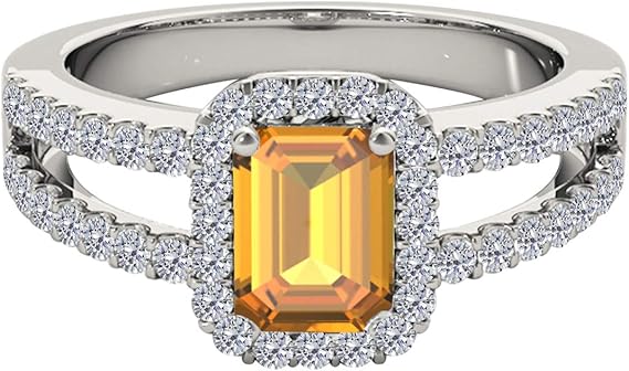 10K Solid White Gold Ring 2 Carat (I-J, I1-I2) Emerald Cut Natural Citrine And Diamonds, Best Valentinesday Gift