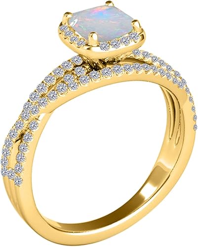 1.35 Carat Cushion Shape Opal & White Diamond Split Shank Ring In 14K Solid Yellow Gold, Best Valentinesday Gift