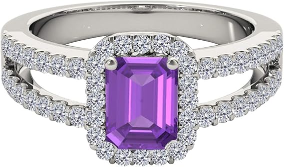 2.00 Carat Emerald Cut Natural Amethyst And Round White Diamond Spilt Shank Ring In 10K White Gold (Diamond Color I- J & Clarity I1-I2), Best Valentinesday Gift