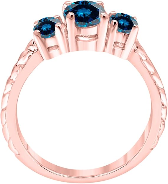 AoneJewelry 1.25 Carat Round Shape Blue Diamond Three Stone Engagement Ring (size 5-9) in 10K Solid Rose, White, Yellow Gold, Best Valentinesday Gift