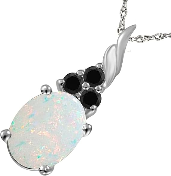 Opal & Black Diamond Pendant Necklace for Women | 14k Rose, White & Yellow Gold 1.36 carat 4 Stone Oval Shape Prong Setting 18" Silver Box Chain Necklace Wedding Jewelry Collection