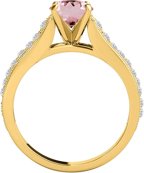 10k Solid Yellow Gold Gemstone And Diamond Ring With 1 Cttw (I-J, I1-I2) Round Shape Natural Morganite And Diamonds (size 5-9), Best Valentinesday Gift