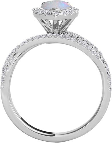 2.00 Carat Pear Shape Opal & Diamond Gemstone Ring In 10K White Solid Gold, Best Valentinesday Gift