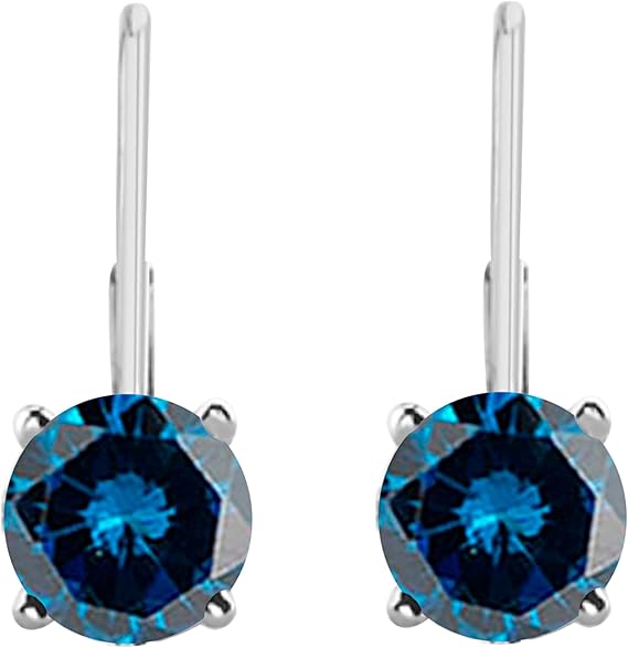 Blue Diamond Leverback Earring for Women| 14K White & Yellow Gold 0.30 Carat 2 Stone Round Cut Prong Setting Genuine Diamond Wedding Jewelry Collection