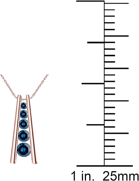 1.00 Carat 5 Stone Natural Blue Diamond Straight Bar Design Pendant Necklace For Woman Crafted In 10k Rose White And Yellow Gold With 18" Gold Plated Over 925 Sterling Silver Box Chain