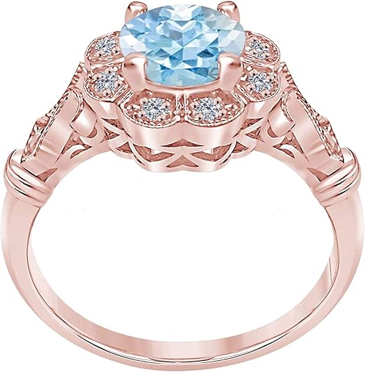 1 Carat Round Shape Natural Aquamarine Gemstone And Halo Diamond Ring In 10K Solid Rose,White & Yellow Gold, Best Valentinesday Gift
